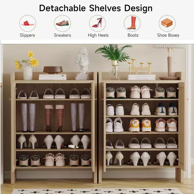 Mueble Zapatero de Ratan Alto de 42.5 con Puertas, Organizador de Zapatos de 6 Niveles con Estantes Ajustables, Independiente para Entrada, Pasillo, Nogal
