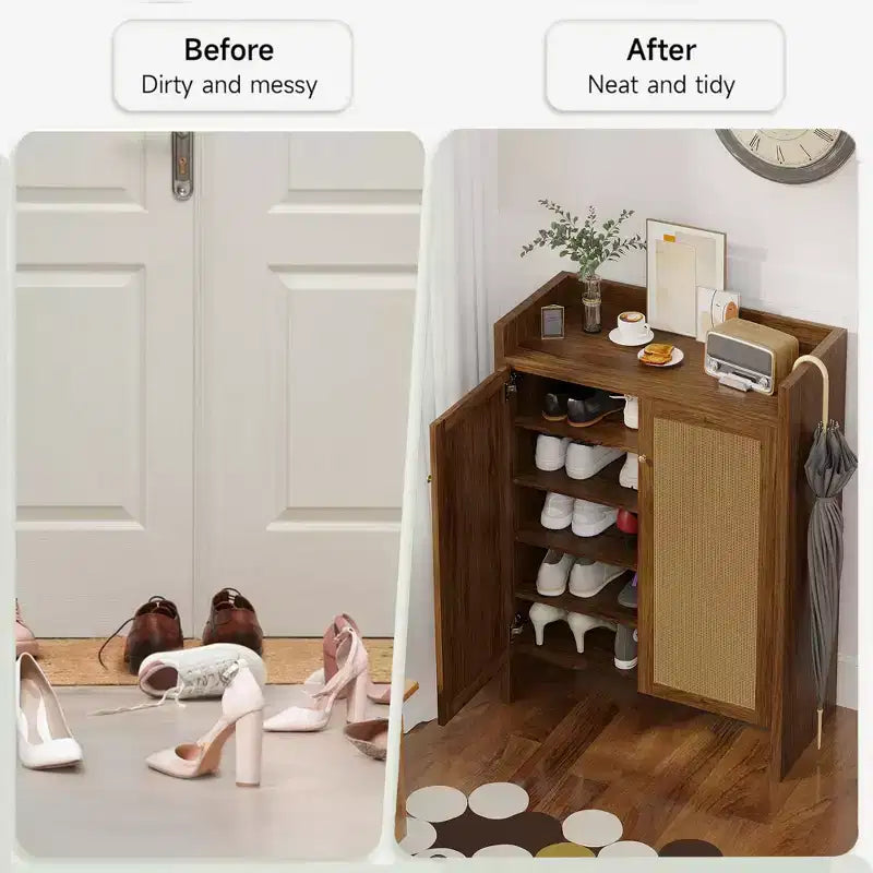 Mueble Zapatero de Ratan Alto de 42.5 con Puertas, Organizador de Zapatos de 6 Niveles con Estantes Ajustables, Independiente para Entrada, Pasillo, Nogal