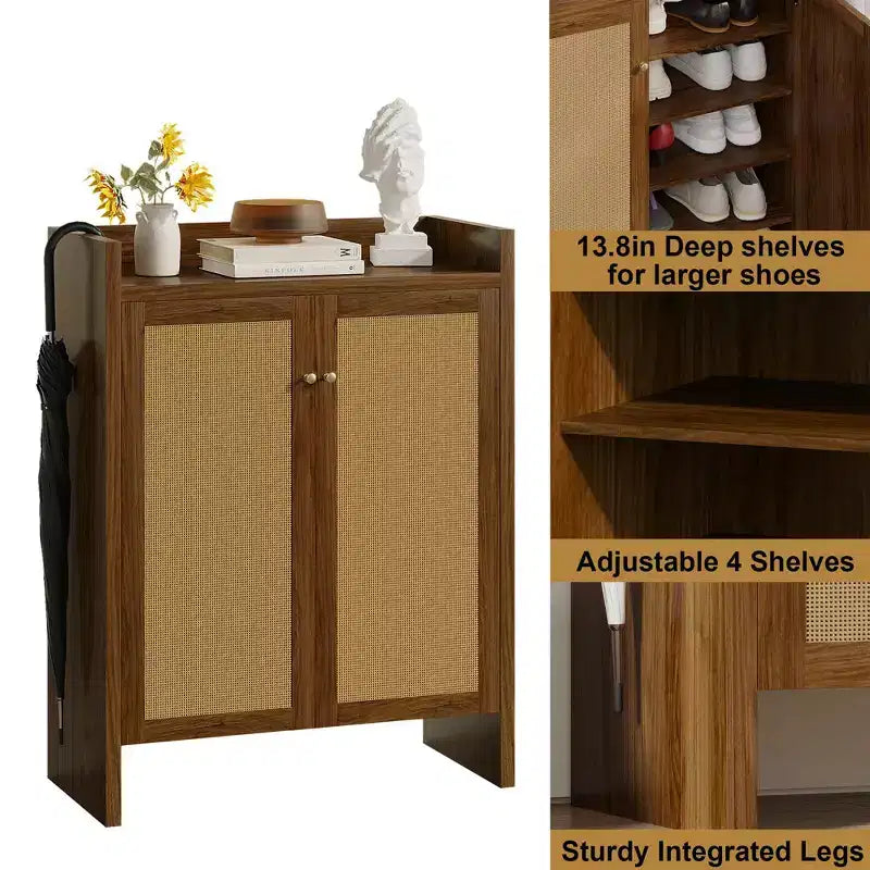 Mueble Zapatero de Ratan Alto de 42.5 con Puertas, Organizador de Zapatos de 6 Niveles con Estantes Ajustables, Independiente para Entrada, Pasillo, Nogal