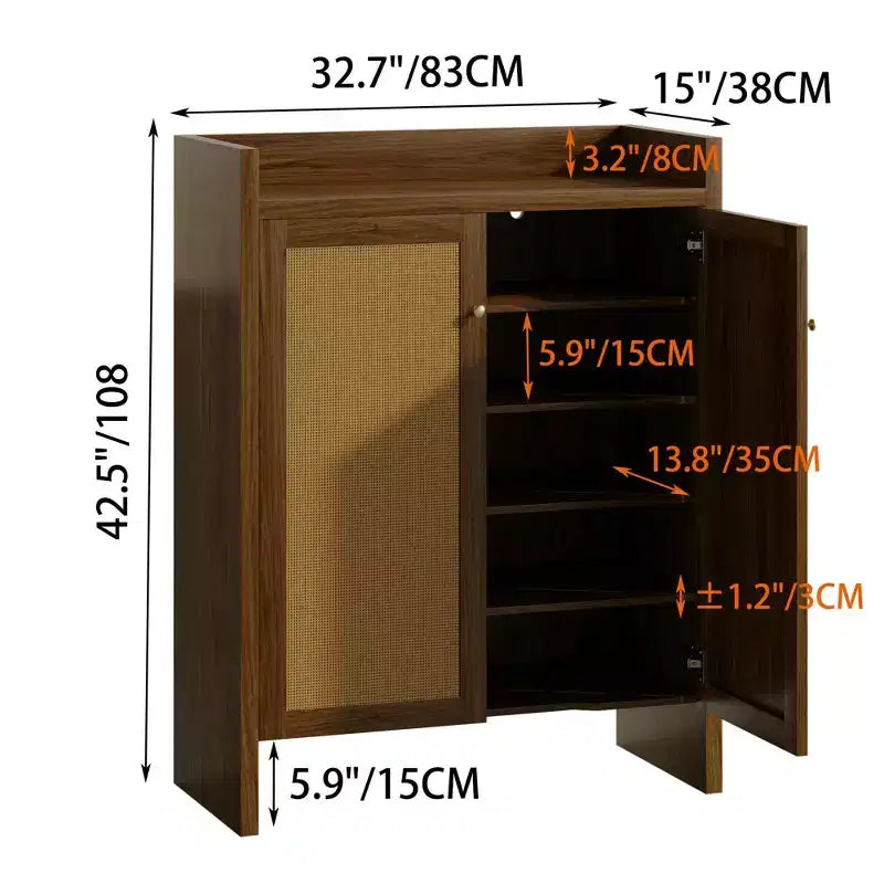 Mueble Zapatero de Ratan Alto de 42.5 con Puertas, Organizador de Zapatos de 6 Niveles con Estantes Ajustables, Independiente para Entrada, Pasillo, Nogal