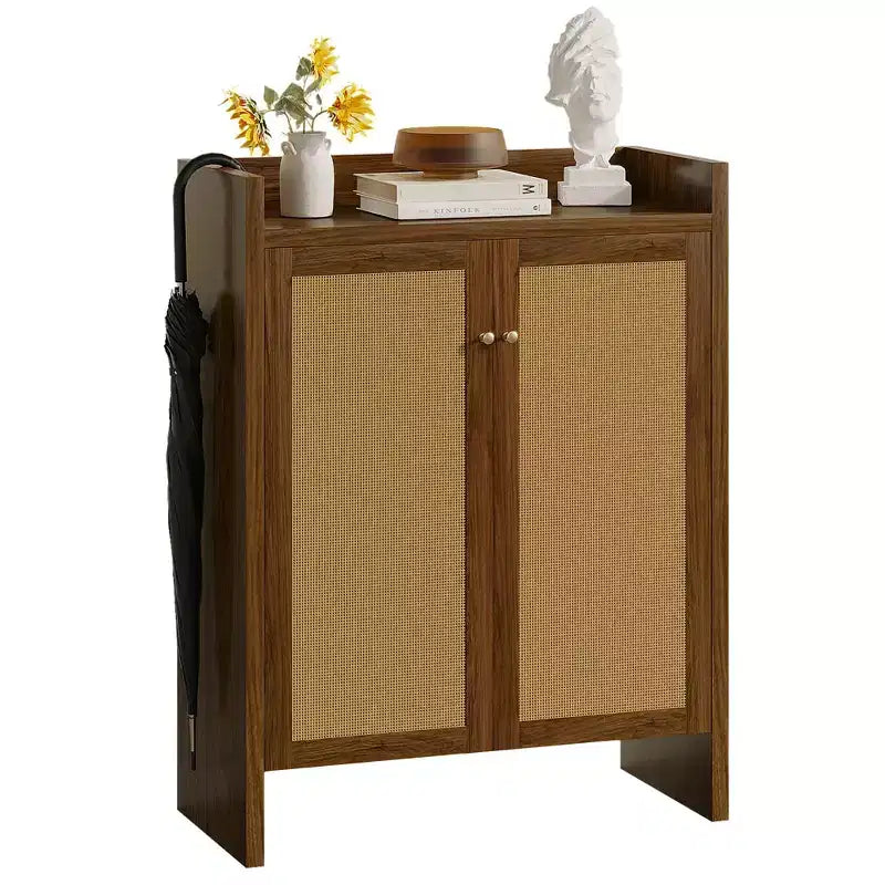 Mueble Zapatero de Ratan Alto de 42.5 con Puertas, Organizador de Zapatos de 6 Niveles con Estantes Ajustables, Independiente para Entrada, Pasillo, Nogal