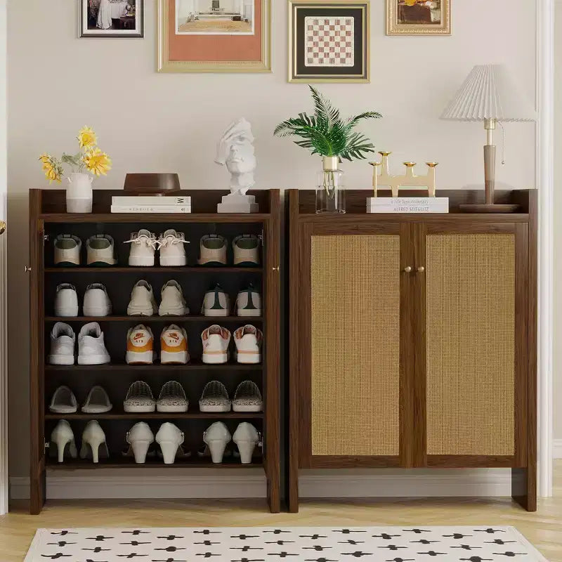 Mueble Zapatero de Ratan Alto de 42.5 con Puertas, Organizador de Zapatos de 6 Niveles con Estantes Ajustables, Independiente para Entrada, Pasillo, Nogal