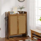 Mueble Zapatero de Ratan Alto de 42.5 con Puertas, Organizador de Zapatos de 6 Niveles con Estantes Ajustables, Independiente para Entrada, Pasillo, Nogal