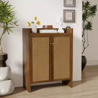 Mueble Zapatero de Ratan Alto de 42.5 con Puertas, Organizador de Zapatos de 6 Niveles con Estantes Ajustables, Independiente para Entrada, Pasillo, Nogal
