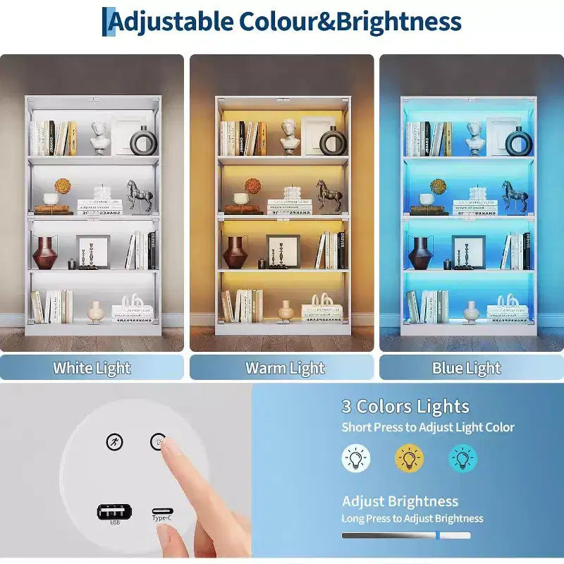 Vitrina de Cristal de 4 Niveles con Luces LED, Vitrina de Coleccionismo con Puertos de Carga y Sensor de Movimiento, Estantes de Almacenamiento para Coleccionables