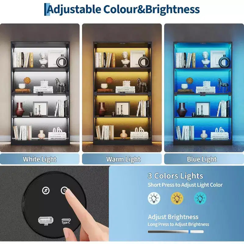 Vitrina de Cristal de 4 Niveles con Luces LED, Vitrina de Coleccionismo con Puertos de Carga y Sensor de Movimiento, Estantes de Almacenamiento para Coleccionables
