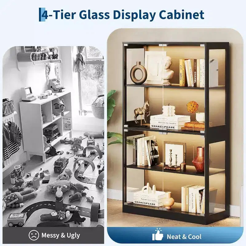 Vitrina de Cristal de 4 Niveles con Luces LED, Vitrina de Coleccionismo con Puertos de Carga y Sensor de Movimiento, Estantes de Almacenamiento para Coleccionables