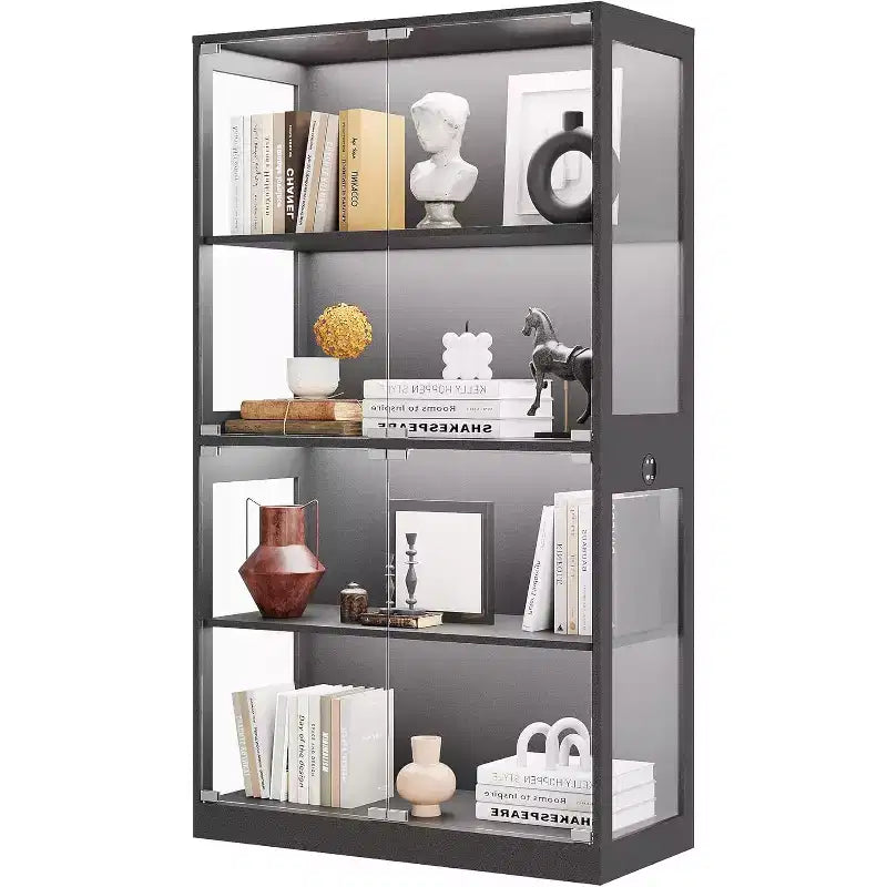 Vitrina de Cristal de 4 Niveles con Luces LED, Vitrina de Coleccionismo con Puertos de Carga y Sensor de Movimiento, Estantes de Almacenamiento para Coleccionables