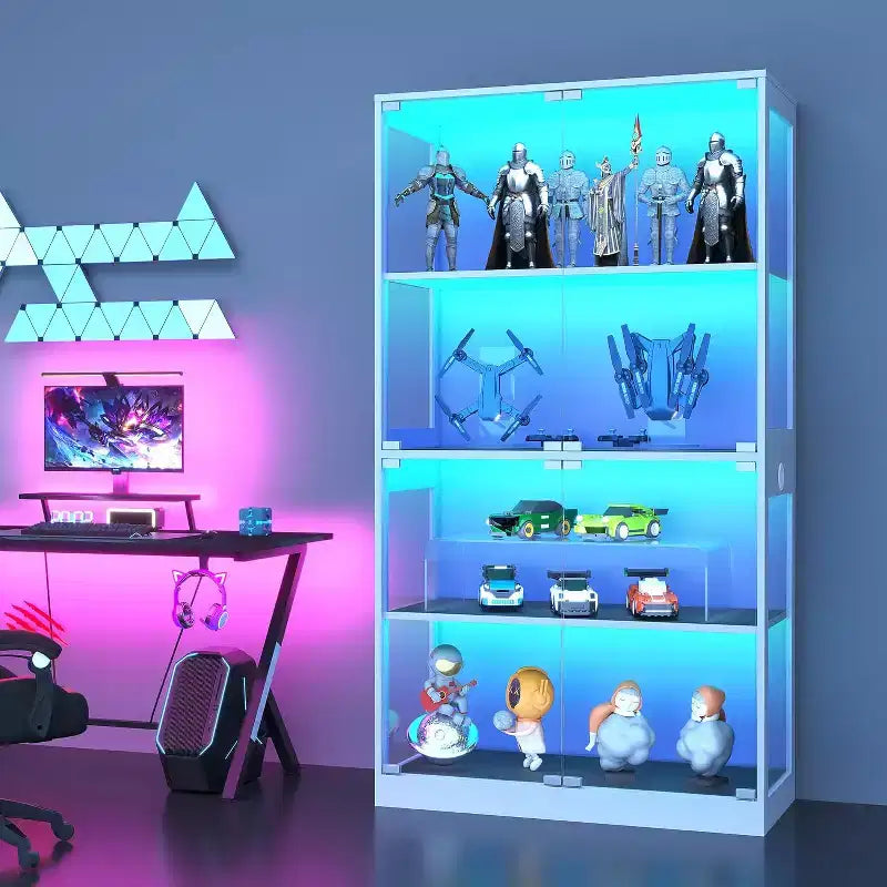 Vitrina de Cristal de 4 Niveles con Luces LED, Vitrina de Coleccionismo con Puertos de Carga y Sensor de Movimiento, Estantes de Almacenamiento para Coleccionables