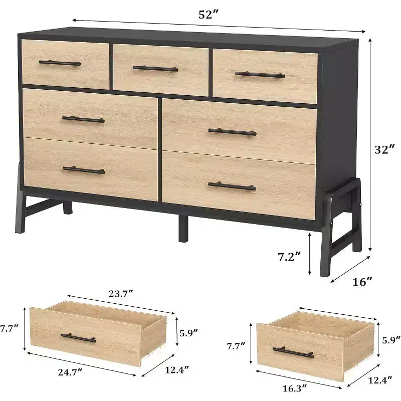 Armario de almacenamiento de 52 pulgadas con 7 cajones, alacena de madera con tiradores y patas de metal, organizador independiente para sala de estar, dormitorio, oficina