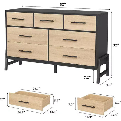 Armario de almacenamiento de 52 pulgadas con 7 cajones, alacena de madera con tiradores y patas de metal, organizador independiente para sala de estar, dormitorio, oficina