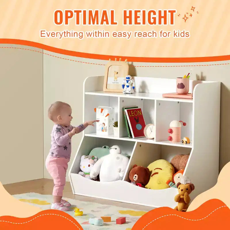 Estantería de almacenamiento de juguetes para niños con 5 compartimentos, organizador de juguetes de madera para habitación de niños, sala de juegos, guardería y jardín de infancia, color blanco