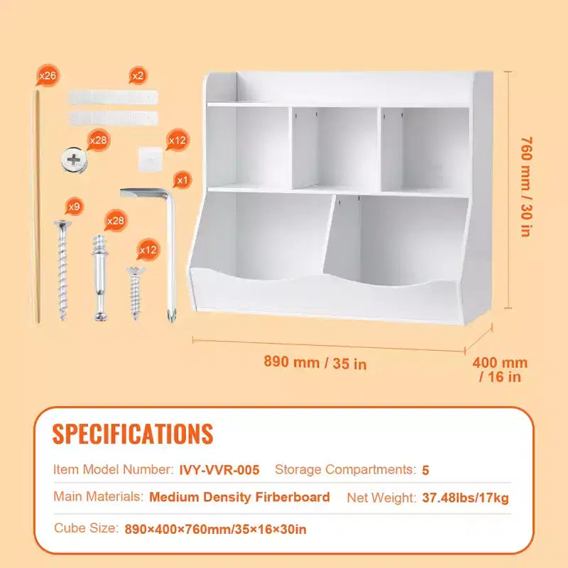 Estantería de almacenamiento de juguetes para niños con 5 compartimentos, organizador de juguetes de madera para habitación de niños, sala de juegos, guardería y jardín de infancia, color blanco