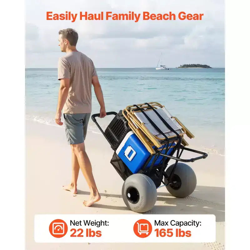 Carro de playa VEVOR con ruedas grandes para arena, plataforma de carga de 45 x 38 cm, carro de arena plegable con ruedas de globo de 30 cm, capacidad de carga de 75 kg, negro
