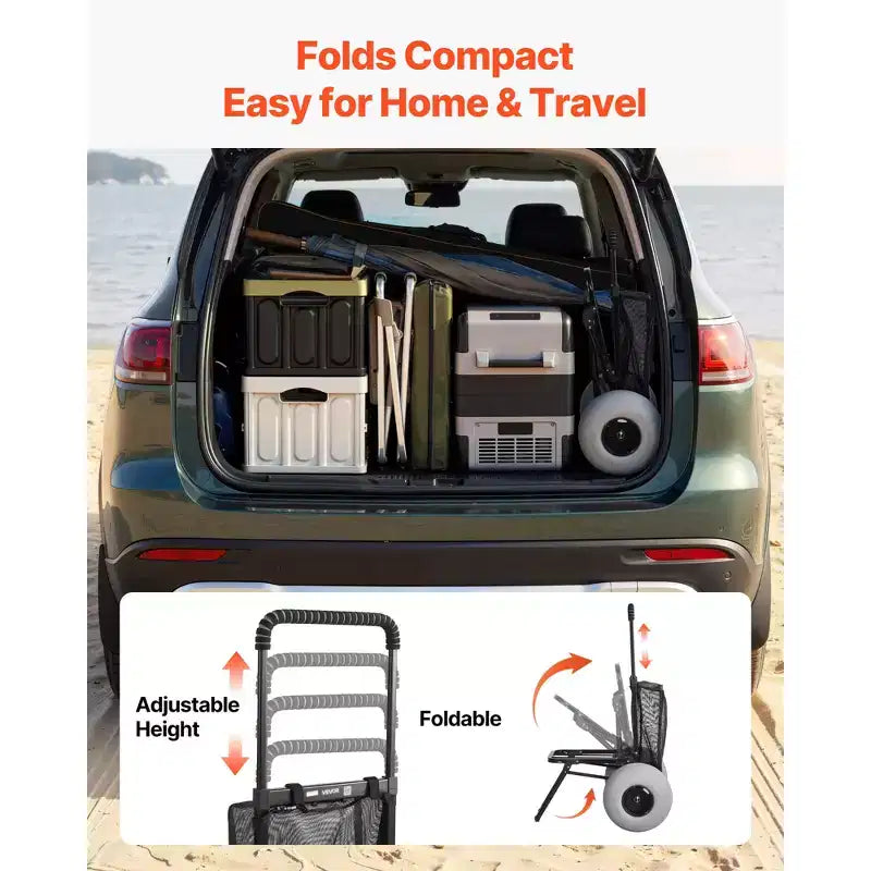 Carro de playa VEVOR con ruedas grandes para arena, plataforma de carga de 45 x 38 cm, carro de arena plegable con ruedas de globo de 30 cm, capacidad de carga de 75 kg, negro