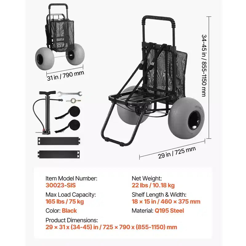 Carro de playa VEVOR con ruedas grandes para arena, plataforma de carga de 45 x 38 cm, carro de arena plegable con ruedas de globo de 30 cm, capacidad de carga de 75 kg, negro