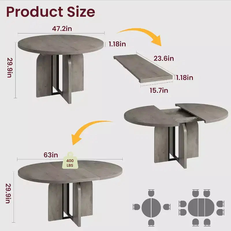 Mesa de comedor extensible de 47 a 63 pulgadas para 4-8 personas, mesa de cocina redonda de madera con patas más anchas, mesa de comedor extensible moderna sin sillas, nogal
