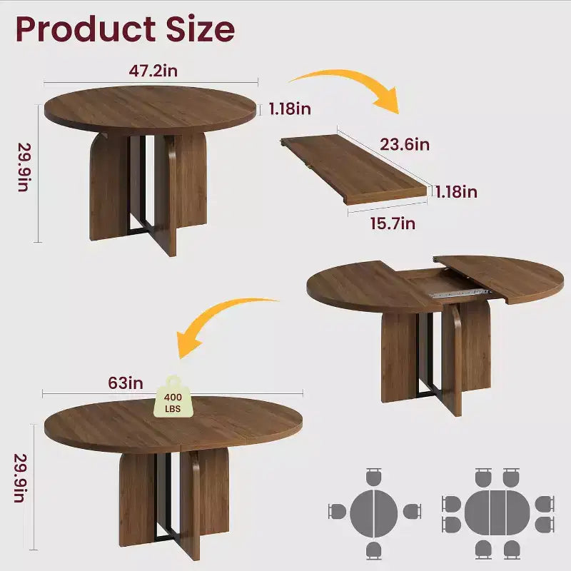 Mesa de comedor extensible de 47 a 63 pulgadas para 4-8 personas, mesa de cocina redonda de madera con patas más anchas, mesa de comedor extensible moderna sin sillas, nogal