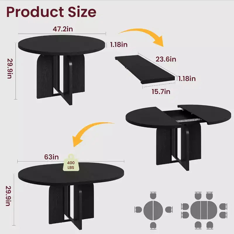 Mesa de comedor extensible de 47 a 63 pulgadas para 4-8 personas, mesa de cocina redonda de madera con patas más anchas, mesa de comedor extensible moderna sin sillas, nogal