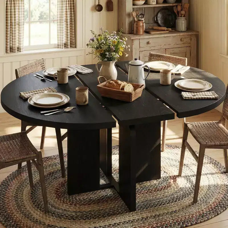 47-63 Extendable Dining Table for 4-8 People, Wooden Round Kitchen Table with Wider Leg, Modern Extendable Dinner Table without Chair, Walnut
