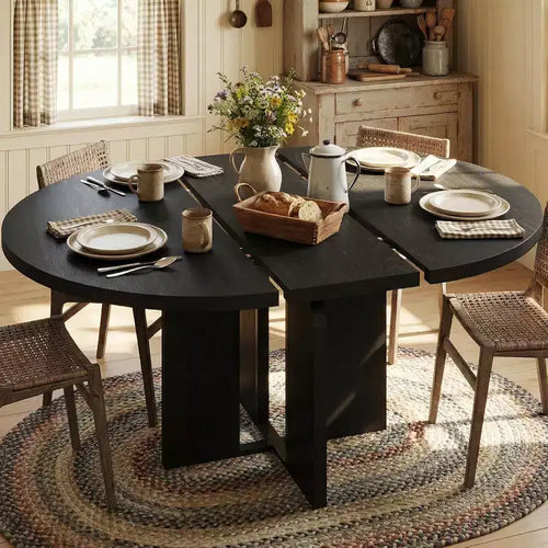 47-63 Extendable Dining Table for 4-8 People, Wooden Round Kitchen Table with Wider Leg, Modern Extendable Dinner Table without Chair, Walnut