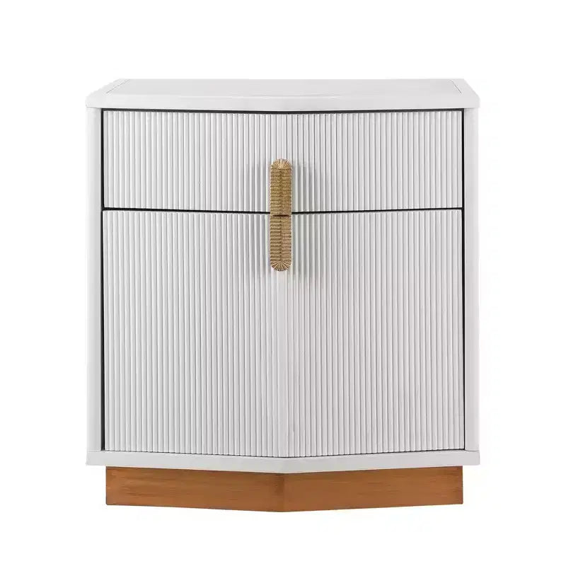 Mesita de noche Whisen, mesita auxiliar, mesita esquinera con diseño abultado, rayas verticales, 2 cajones, rieles silenciosos, dispositivo antivuelco, base resistente