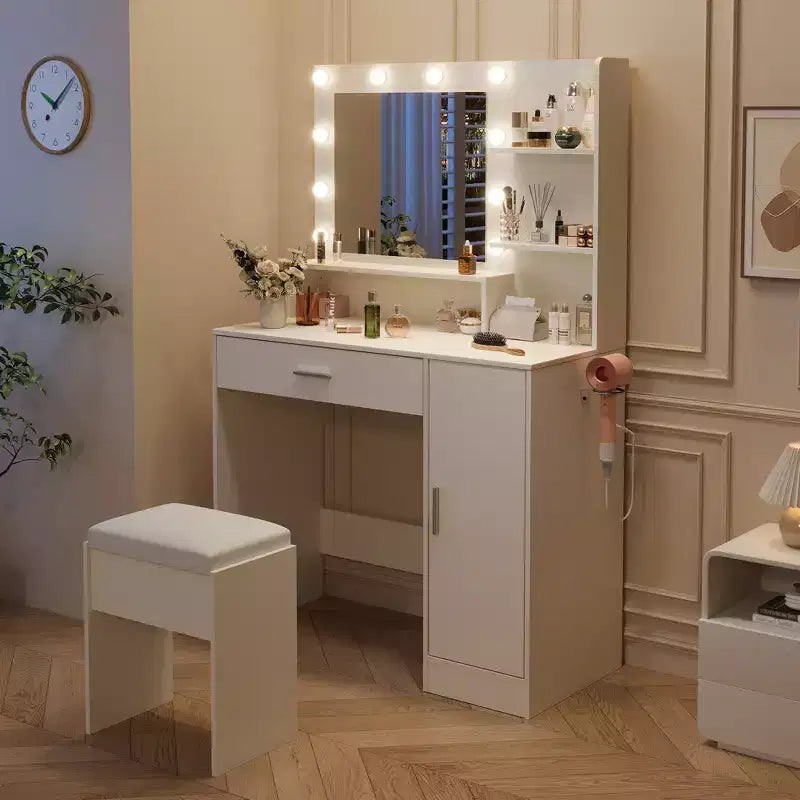 Juego de tocador de maquillaje con taburete, juego de tocador compacto para dormitorios