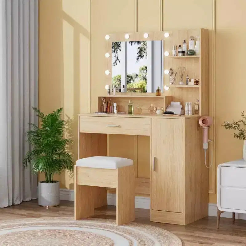 Juego de tocador de maquillaje con taburete, juego de tocador compacto para dormitorios