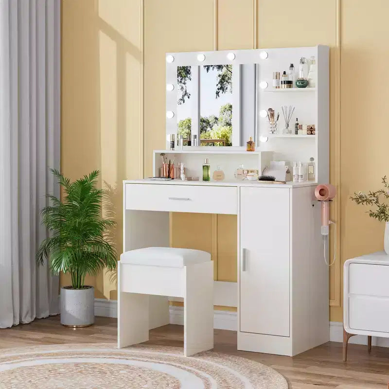 Juego de tocador de maquillaje con taburete, juego de tocador compacto para dormitorios