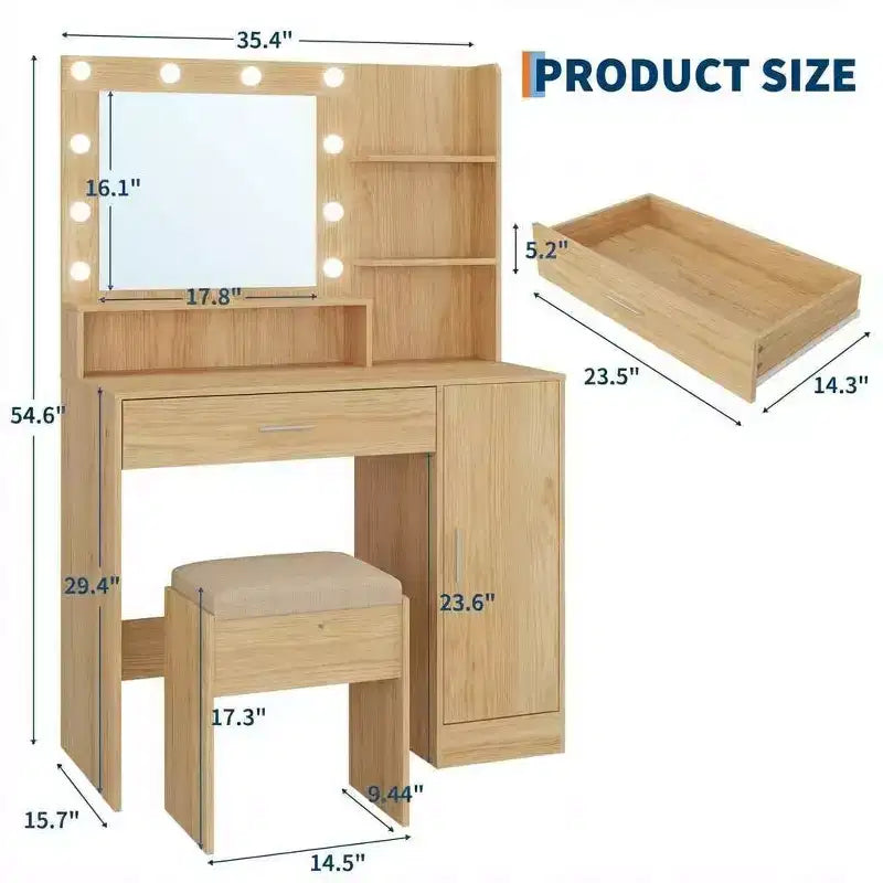Juego de tocador de maquillaje con taburete, juego de tocador compacto para dormitorios
