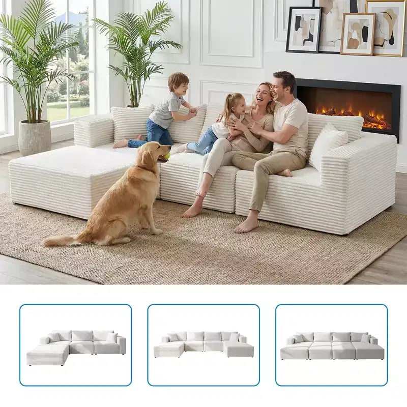 Mjkone Sofá Seccional Modular Grande con Chaise Longue, Corduroy Premium, Apto para Mascotas, Blanco Marfil