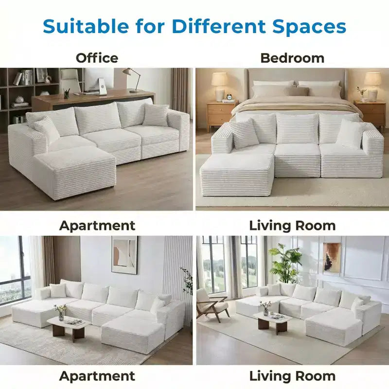 Mjkone Sofá Seccional Modular Grande con Chaise Longue, Corduroy Premium, Apto para Mascotas, Blanco Marfil