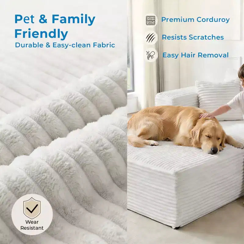 Mjkone Sofá Seccional Modular Grande con Chaise Longue, Corduroy Premium, Apto para Mascotas, Blanco Marfil
