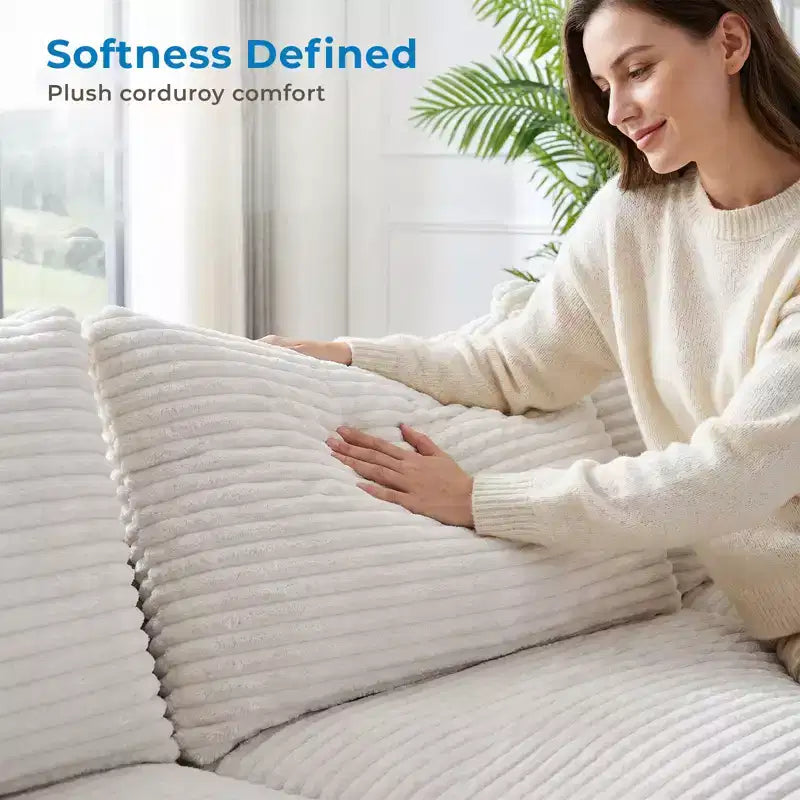 Mjkone Sofá Seccional Modular Grande con Chaise Longue, Corduroy Premium, Apto para Mascotas, Blanco Marfil
