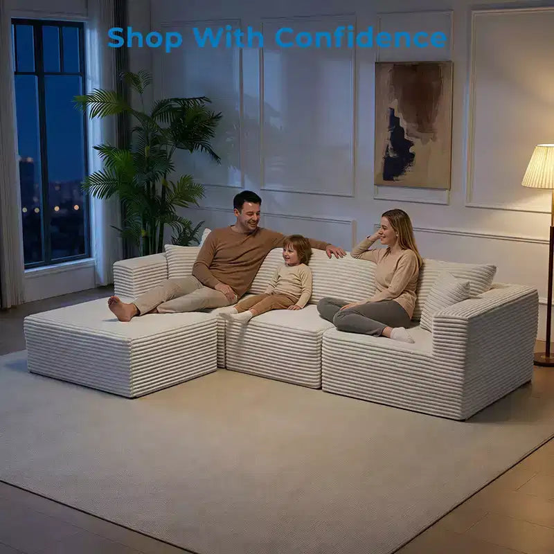 Mjkone Sofá Seccional Modular Grande con Chaise Longue, Corduroy Premium, Apto para Mascotas, Blanco Marfil