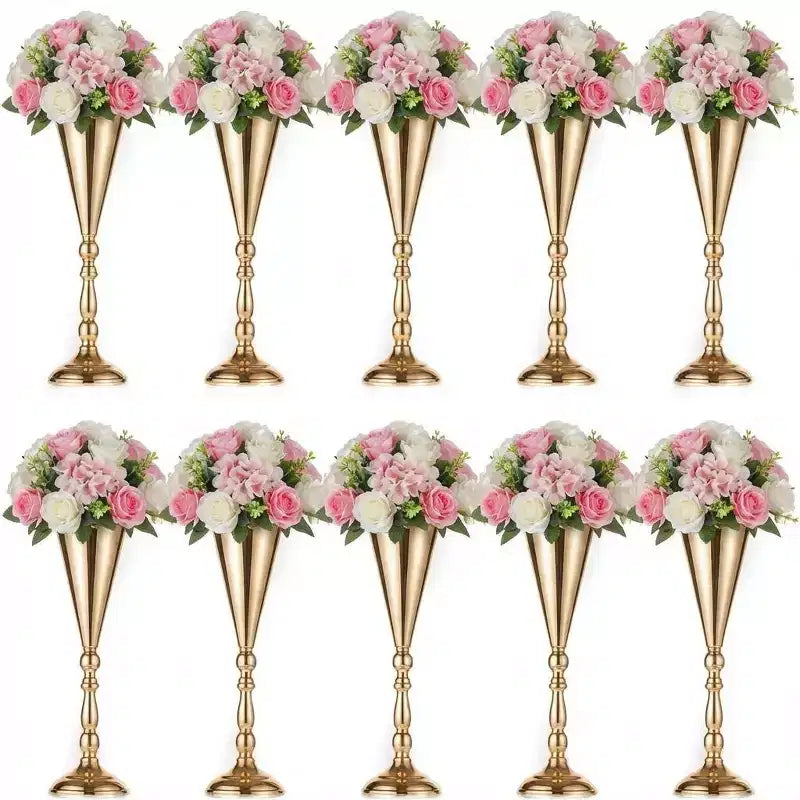 Elegant Gold Trumpet Vase Candle Holder Set 16.5 Inch Tall Tabletop Flower Stand for Weddings Anniversaries Home Decor