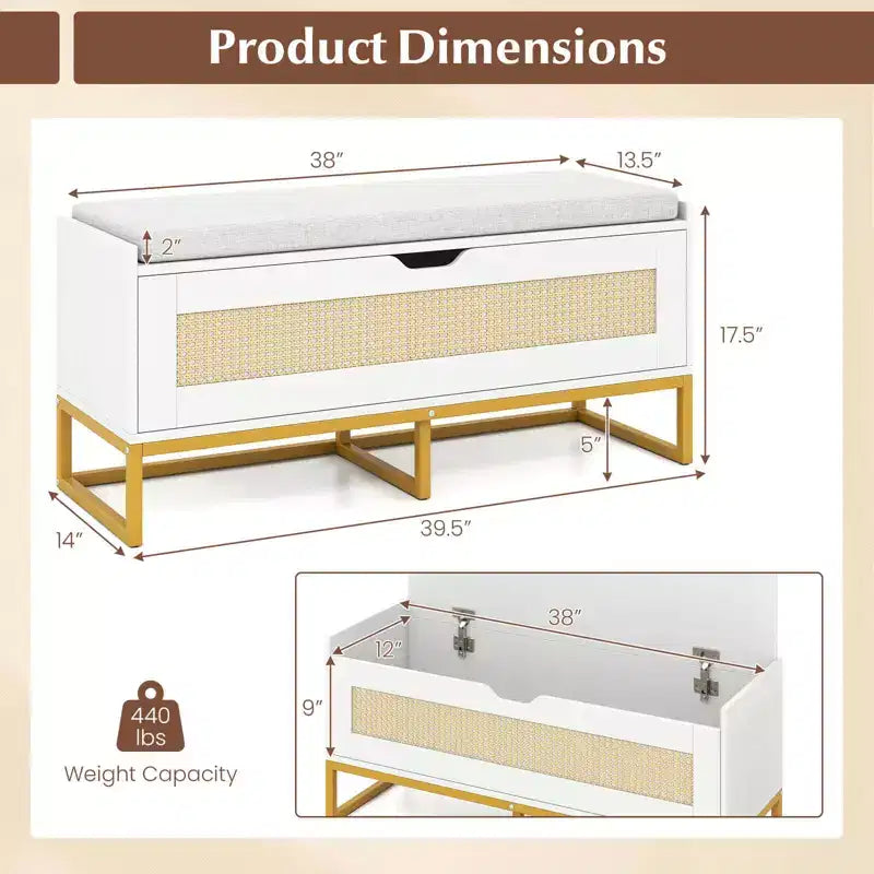 Baúl de almacenamiento de ratán Costway de 39.5" con asiento acolchado, tapa abatible y bisagras de seguridad para dormitorio, dorado y blanco/marrón