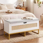 Baúl de almacenamiento de ratán Costway de 39.5" con asiento acolchado, tapa abatible y bisagras de seguridad para dormitorio, dorado y blanco/marrón