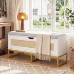 Baúl de almacenamiento de ratán Costway de 39.5" con asiento acolchado, tapa abatible y bisagras de seguridad para dormitorio, dorado y blanco/marrón