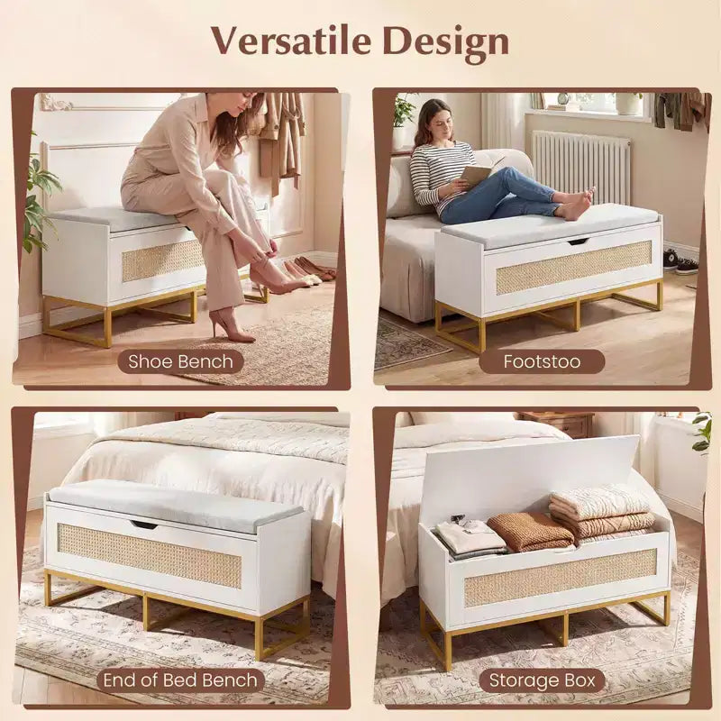 Baúl de almacenamiento de ratán Costway de 39.5" con asiento acolchado, tapa abatible y bisagras de seguridad para dormitorio, dorado y blanco/marrón