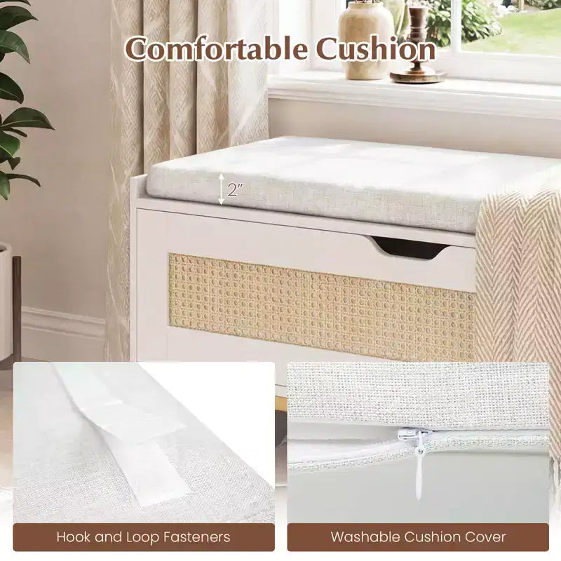 Baúl de almacenamiento de ratán Costway de 39.5" con asiento acolchado, tapa abatible y bisagras de seguridad para dormitorio, dorado y blanco/marrón
