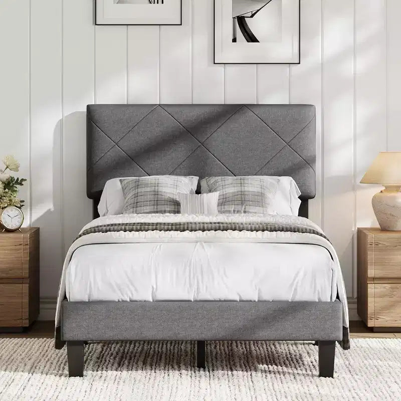 Estructura de cama con cabecero tapizado, base de cama King Size con soporte de listones de madera, no necesita somier y sin ruido