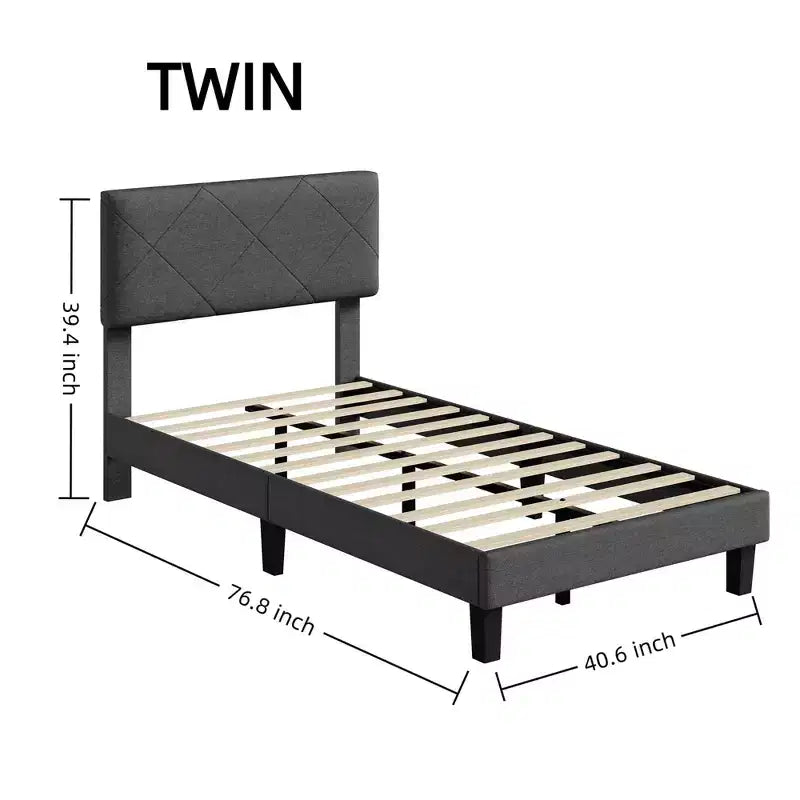 Estructura de cama con cabecero tapizado, base de cama King Size con soporte de listones de madera, no necesita somier y sin ruido