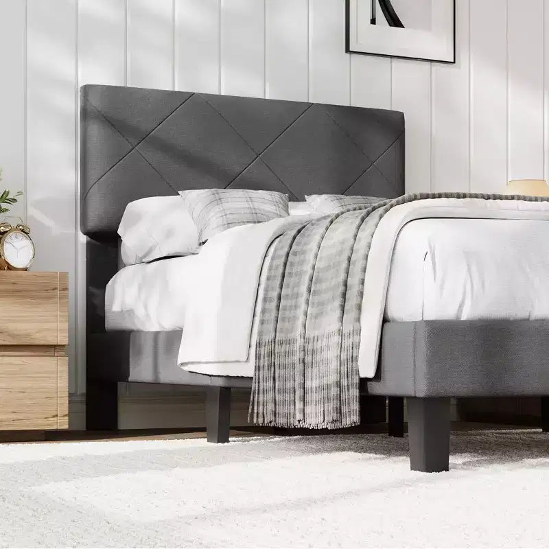 Estructura de cama con cabecero tapizado, base de cama King Size con soporte de listones de madera, no necesita somier y sin ruido