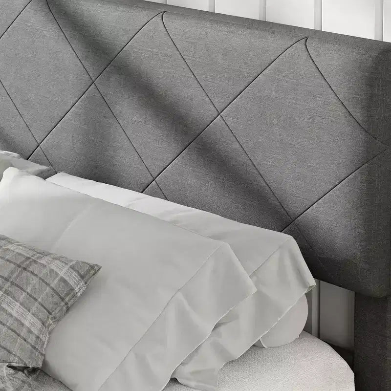Estructura de cama con cabecero tapizado, base de cama King Size con soporte de listones de madera, no necesita somier y sin ruido
