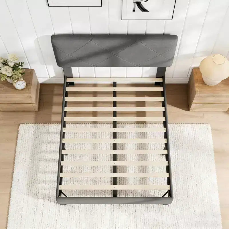 Estructura de cama con cabecero tapizado, base de cama King Size con soporte de listones de madera, no necesita somier y sin ruido