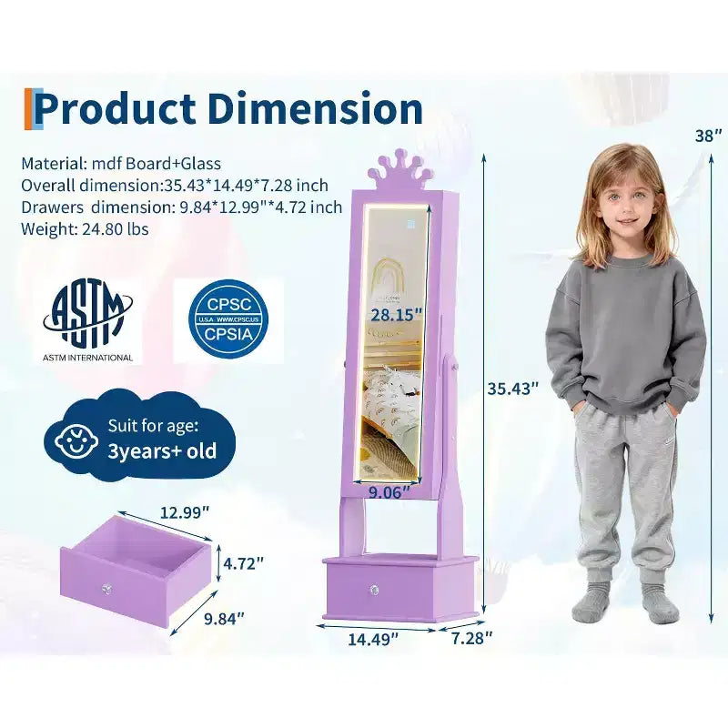 Gabinete joyero infantil independiente, 3 cajones de almacenamiento, antivuelco, inclinación ajustable, para sala de estar