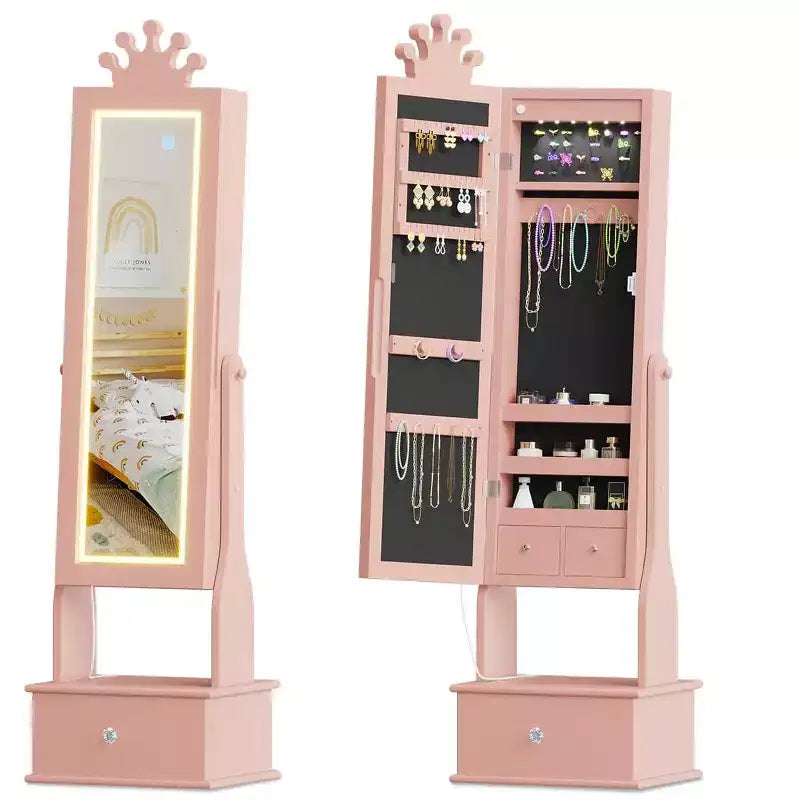 Freestanding Kids Jewelry Armoire Cabinet, 3 Storage Drawers, Anti-Tip, Adjustable Tilt, for Living Room