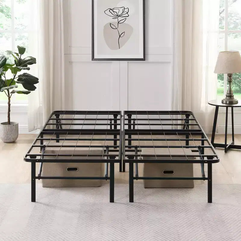 Base de cama de plataforma metálica plegable Bellemave, 14 láminas de acero de alta resistencia, no necesita somier, fácil montaje, almacenamiento debajo de la cama, negro, tamaño Queen/King