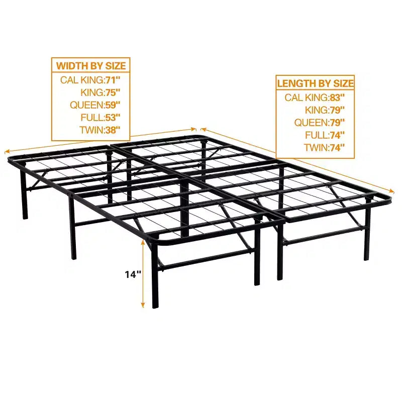 Base de cama de plataforma metálica plegable Bellemave, 14 láminas de acero de alta resistencia, no necesita somier, fácil montaje, almacenamiento debajo de la cama, negro, tamaño Queen/King